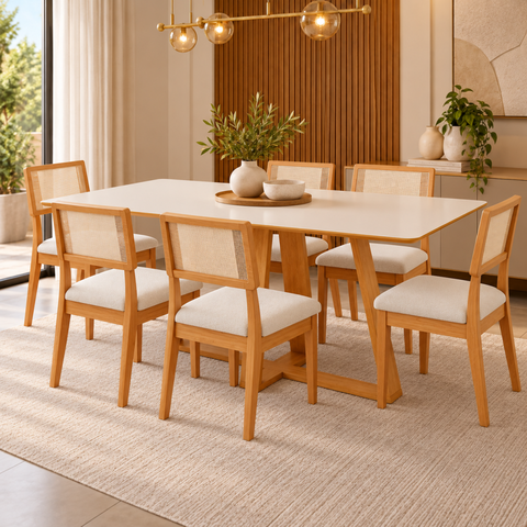 Kit Conjunto Mesa Sala de Jantar Retangular 180cm 6 Cadeiras Estofadas Encosto Tela MDF Freijó/Cesar