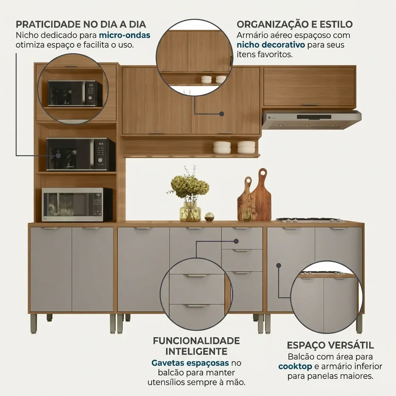 Ver imagem 5 de Cozinha Compacta Modulada 5 Peças 270cm 11 Portas e 2 Gavetas Colors Marrom Freijó/Cinza Chalck