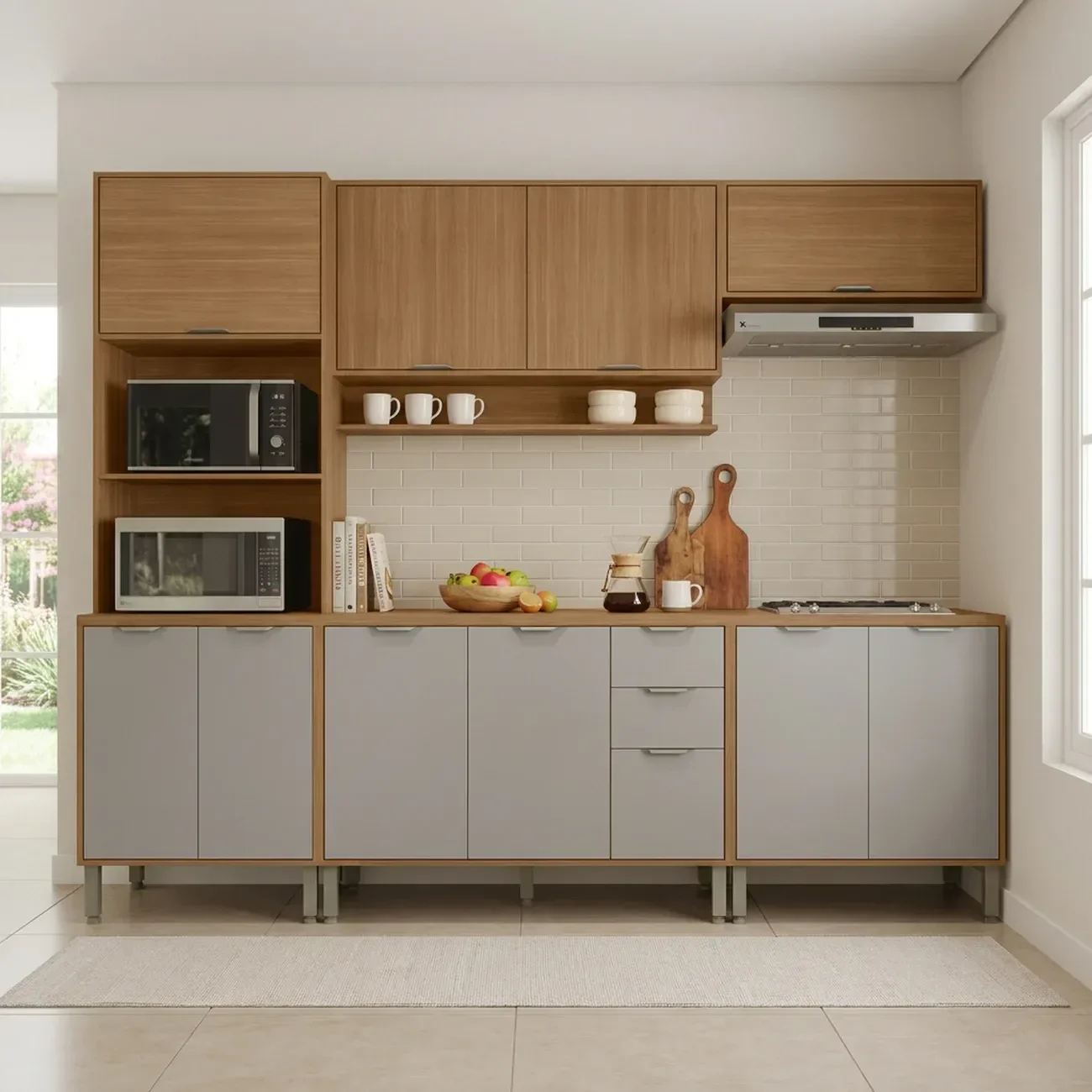 Ver imagem 1 de Cozinha Compacta Modulada 5 Peças 270cm 11 Portas e 2 Gavetas Colors Marrom Freijó/Cinza Chalck