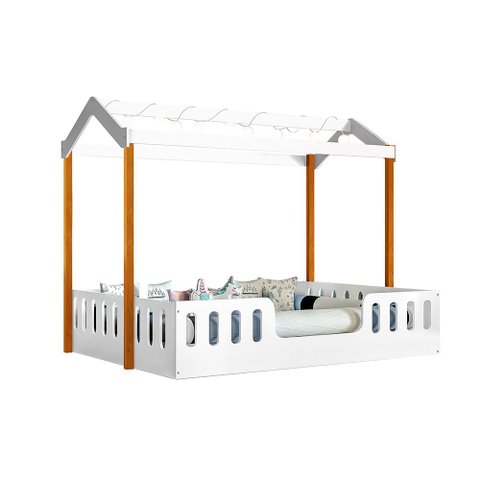 Cama Infantil Montessoriana Ágatha Casal com LED com Lousa Mágica - Branco/Amêndoa