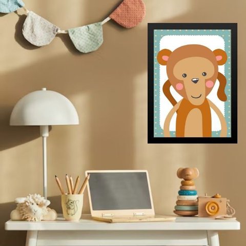 Quadro Infantil Safari - Macaquinho 33x24cm - com Vidro:moldura Preta