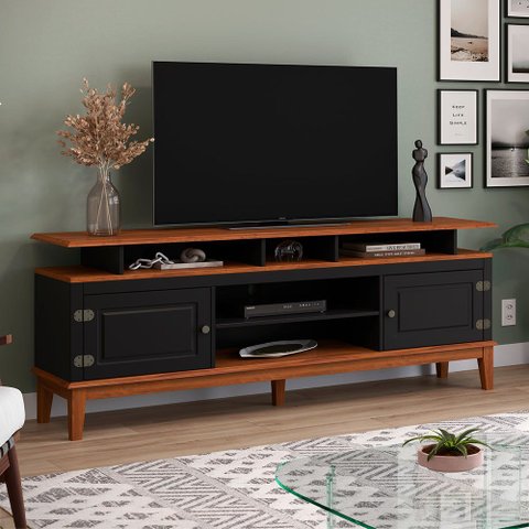 Rack para TV 75 Polegadas Madeira Maciça 2 Portas Rústico 185,7cm Preto - Apaixone & Decore