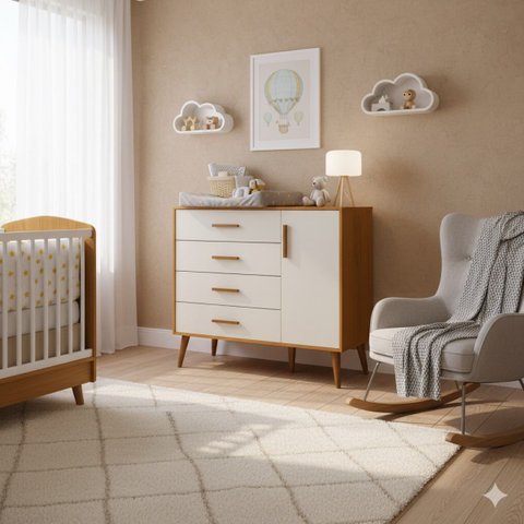 Comoda Sapateira Infantil Isis 4 Gavetas e 1 Porta  C/ Pés Retrô  P/ Quarto de Bebê Areia Fosco/ Savana Fosco- Reller