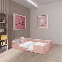 Cama Montessoriana Solteiro Madeira com Revestimento em Tecido Luana Rosa - 1