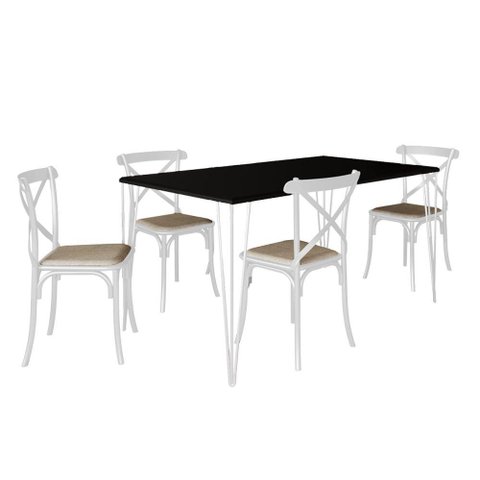 Conjunto de Mesa Elen Retangular Tampo de Madeira 140x80cm Preto com 4 Cadeiras Katrina Branca
