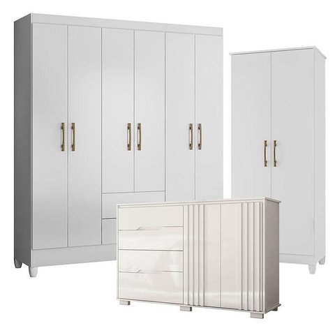 Guarda Roupa Casal Panamá com Cômoda Texas e Armário Multiuso Jade Branco Brilho– Moval