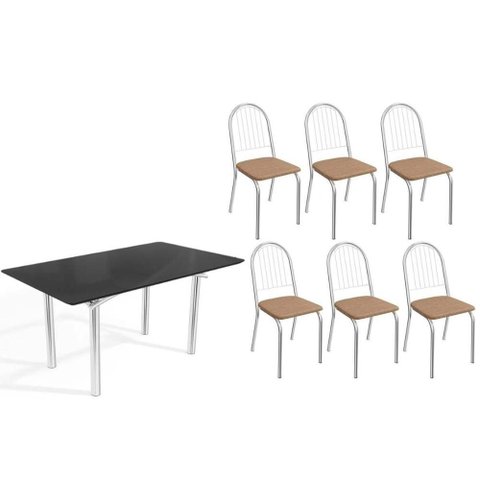 Conjunto: Mesa de Cozinha Elba Tampo Madeirado C/ Vidro 160cm e 6 Cadeiras Noruega Cromada/preto -