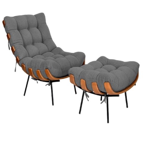 Poltrona Sala Estar Decorativa Costela de Adão com Puff Luxo: Poltrona Costela Linho Cinza