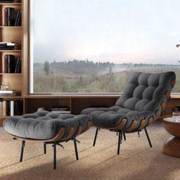 Poltrona Sala Estar Decorativa Costela de Adão com Puff Luxo: Poltrona Costela Linho Cinza - 3