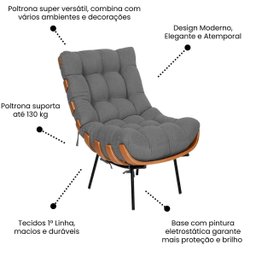 Poltrona Sala Estar Decorativa Costela de Adão com Puff Luxo: Poltrona Costela Linho Cinza - 5