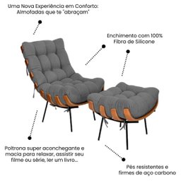 Poltrona Sala Estar Decorativa Costela de Adão com Puff Luxo: Poltrona Costela Linho Cinza - 4