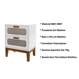 Mesa de Cabeceira Branca Santorini 45cm com 2 Gavetas e Pés de Madeira - 3