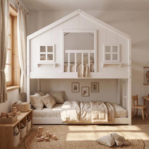 Beliche Montessori Casinha Dos Sonhos com Varanda Madeira Maciça Branco Megamobília 199cm