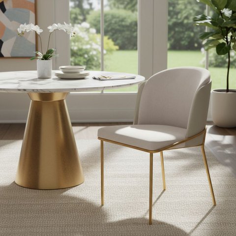 Cadeiras Sala de Jantar Courino Marfim e Linho Bege Base Dourado