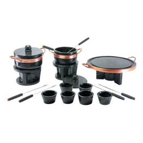 Kit Fondue de Pedra Sabao Chapa 37 Cm + Panelas de 500 e 800 Ml + 6 Cumbucas + 6 Garfinhos