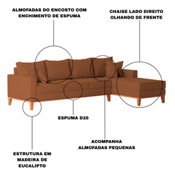 Sofá 4 Lugares Beny com Chaise Direito Corino Terracota - 3