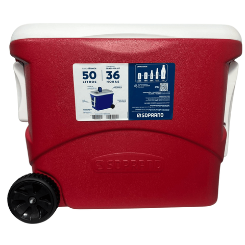 Caixa Térmica Cooler Tropical 50l com Rodas Vermelha Soprano
