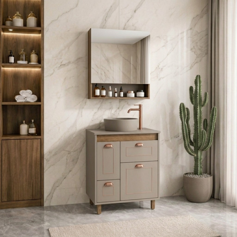 Conjunto Gabinete de Banheiro Cartagena com Tampo MDF 65cm