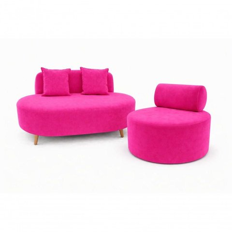 Kit Sofá Orgânico Feijão 2 Lugares 115cm Rosa Veludo e Poltrona Flora