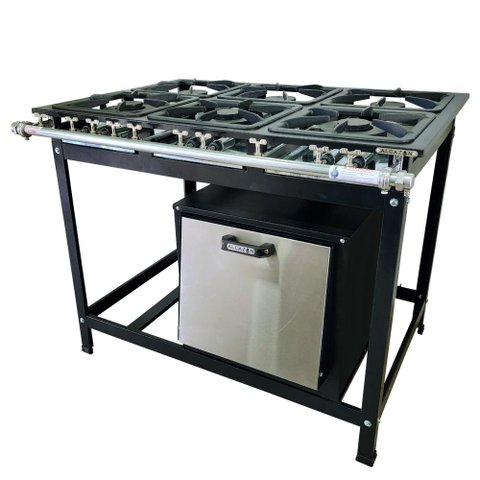 Fogão Baixa Pressão 6 Bocas Alcazon com Forno 60 Litros Tampa Inox Acz-005+aczf-001