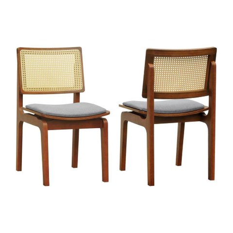 Kit 2 Cadeiras Gus Madeira Maciça Encosto Telinha Assento Anatômico - Amêndoa Estofado Linho