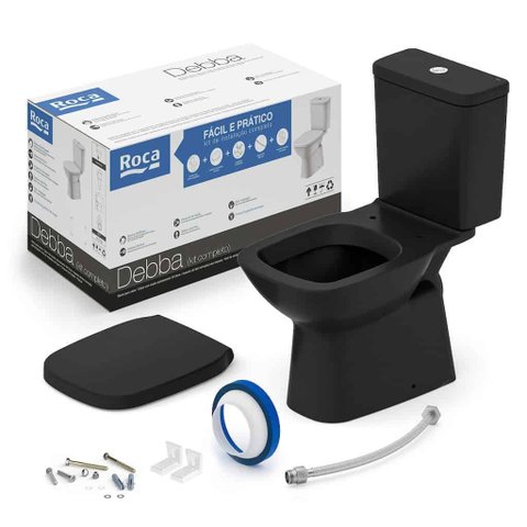Kit Bacia com Caixa, Assento Termofixo e Kit Instalação Debba Classic Matte Black Roca