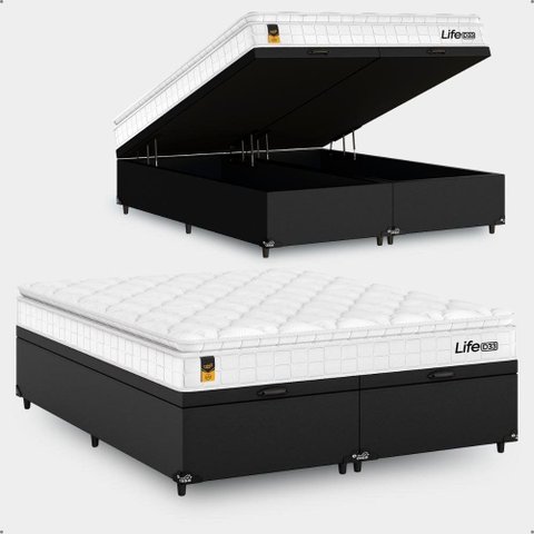Cama Box Baú Queen Bipartido Suede Preto + Colchão Life D33 Pillow Top 61x158x188cm Branco