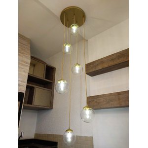 Pendente Moderno Dourado Pé Direito Alto Sala Vão de Escada Arevo Iluminação Jabuticaba VIDRO TRANSP