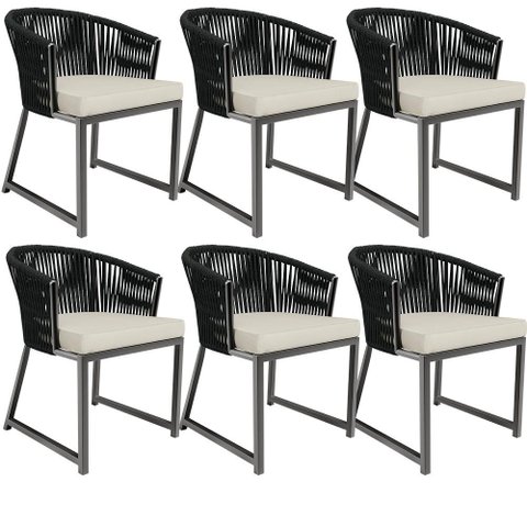 Kit 06 Cadeiras Decorativas para Área Gourmet Cozinha Corda Náutica Bethari D04 Preto - Lyam
