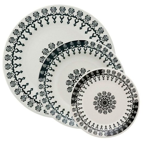 Kit Pratos Rasos Fundos e Sobremesa Donna Folk Oxford Cerâmica 18 Peças