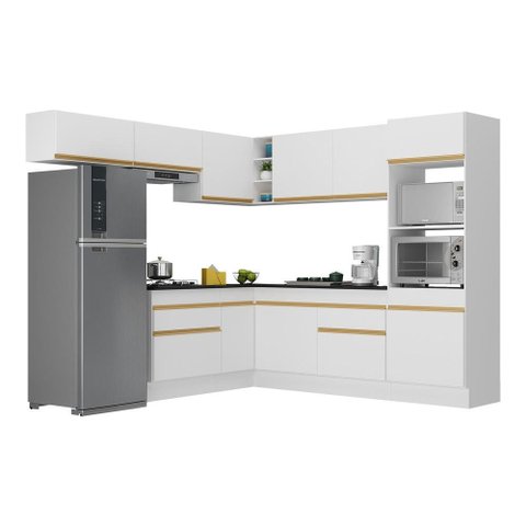 Armário de Cozinha Completa de Canto com Rodapé Veneza Multimóveis V2105 Branco/Dourado