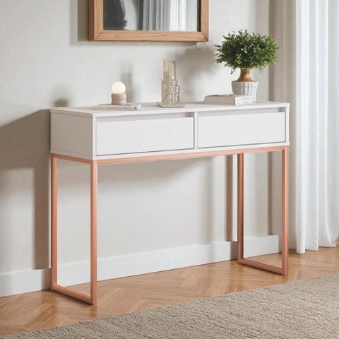 Aparador Moderno Estilo Industrial com Base Metal 2 Gavetas - Branco Cobre