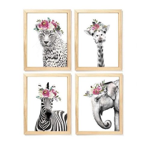 Kit Quadro Decorativo Infantil Delicado Flores Safari Quarto Criança Bebê Enxoval Menina