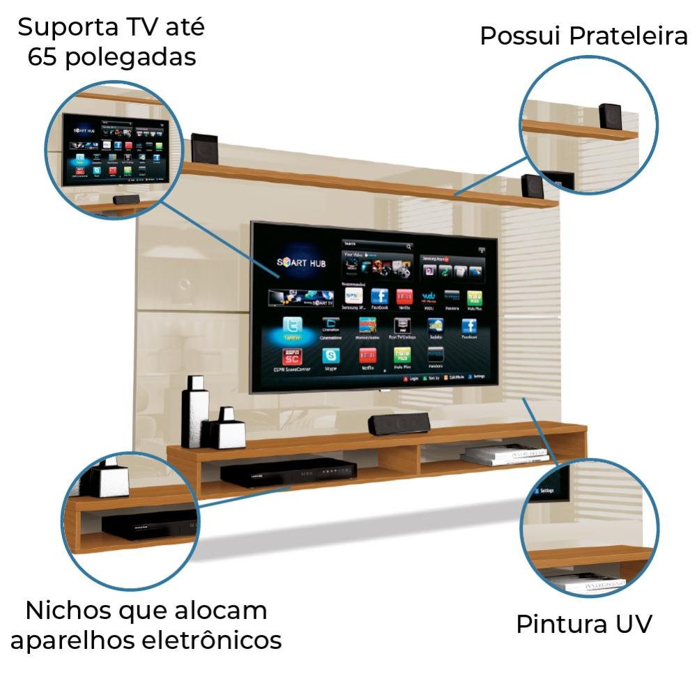 Painel Para TV Até 65 Polegadas Com Prateleira 1,80m Max Cedro/Off White - 3