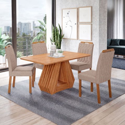 Sala de Jantar 4 Lugares 130 cm Vittória Cadeiras Madeira Maciça Cinamomo/Bege - Panorama Móveis