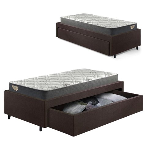 Base Box Cama Solteirão Sapateira Courino Linho Marrom e Colchão Adapto Ecoflex 96x203