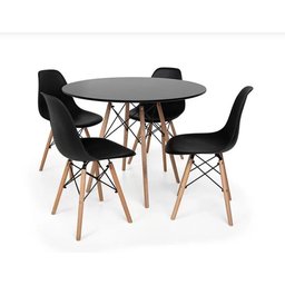 Conjunto de Mesa de Jantar Eames Eiffel Redonda 90 Cm Tampo de Madeira Preto com 4 Cadeiras Pretas P - 1