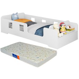 Cama Infantil Montessoriana com Grade Proteção e Prateleira Com Colchão Manu Branco - 1