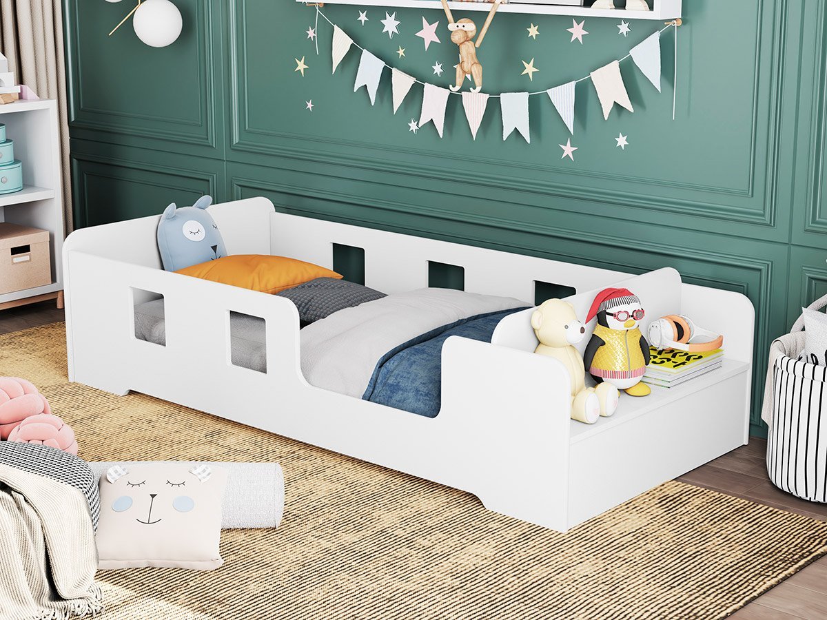 Cama Infantil Montessoriana com Grade Proteção e Prateleira Com Colchão Manu Branco - 2