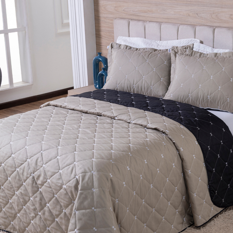 Kit Cobre Leito Dupla Face Casal King Bordado 3 Peças Essence Hipercal 400 Fios:cáqui