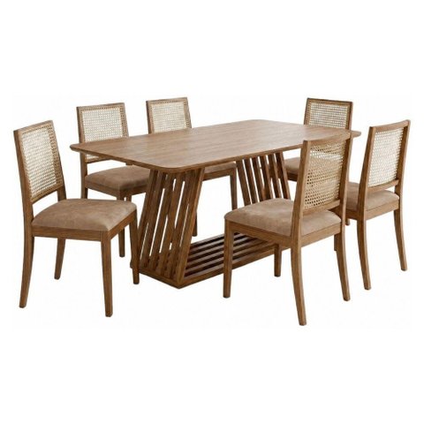 Mesa de Jantar Pitaia com 6 Cadeiras Estofadas Carambola Corino Kaki Natuem