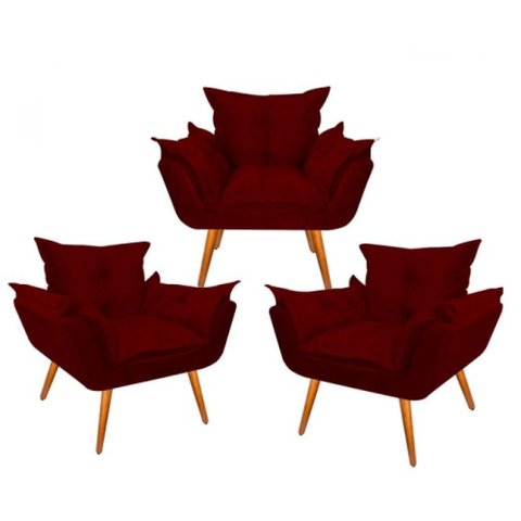 Kit 3 Poltronas Opala Suede Marsala 1 Lugar Pés Palito
