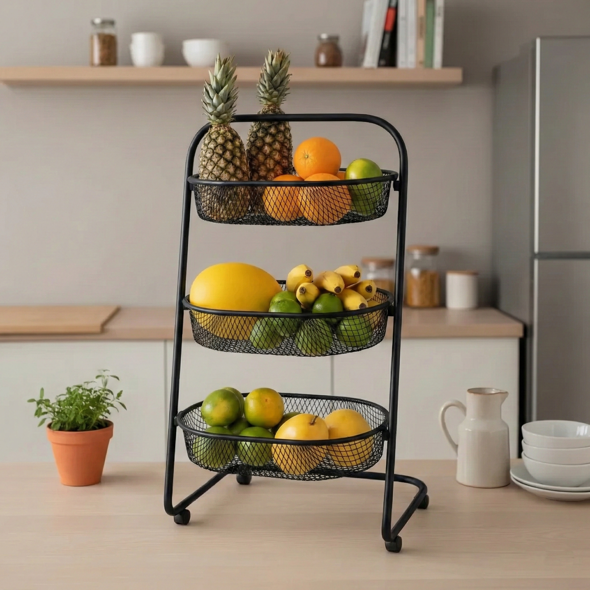 Fruteira de Chão Multiuso em Aço com 3 Cestos e Rodízios Preto ...