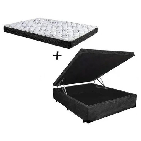 Cama Box Baú Casal Resistence Suede Preto + Colchão Casal Resistence Espuma D23 20x138x188