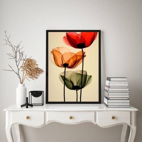 Quadro Flores Tulipas Elegantes Coloridas Transparência 33x24cm:moldura Branca