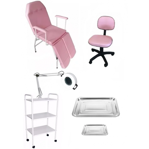 Kit Podologia Rosa Cadeira Mecânica Mocho À Gás Carrinho Exaustor com Luminária Fiscomed Kit Cadeira