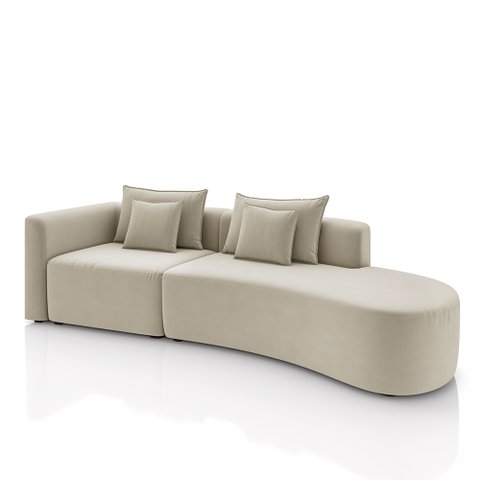 Sofá Curvo Decorativo Kimiko 317cm 3 Lugares Sala de Estar com Chaise Veludo Bege G52 - Gran Belo