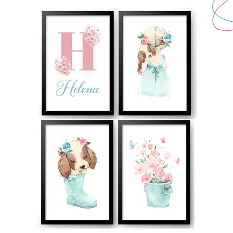 Quadrinho Decorativo Quarto Menina Aquarela Flor Cachorro:preta