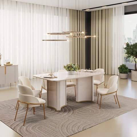 Conjunto Sala de Jantar Liz Tampo com Vidro Retangular 180cm com 6 Cadeiras Vitta Bege/Off White/Perola