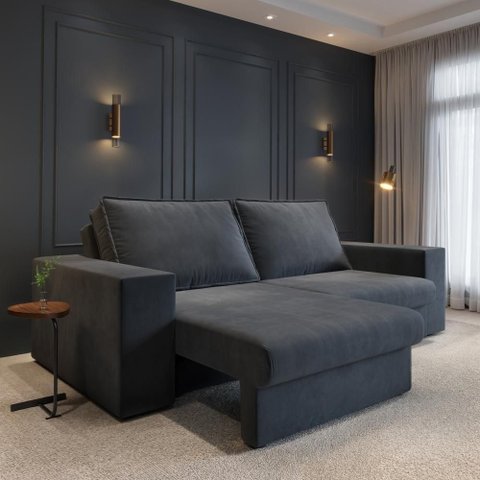 Sofá com Chaise Capri 3 Lugares Retrátil Grafite Suede Cialar Móveis